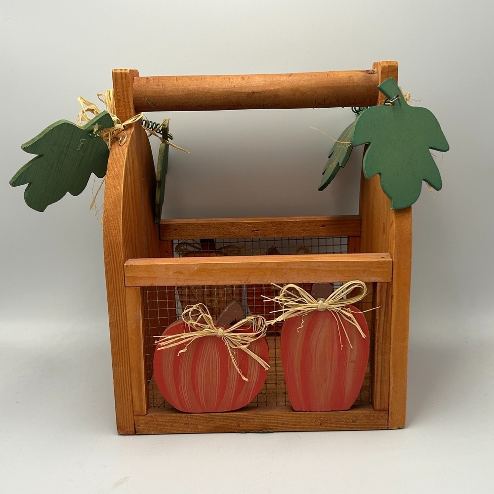 Wooden Wire Basket Country Farm Cottage Pumpkin Fall Autumn Leaves Rafia Chicken - Picture 3 of 8